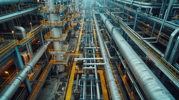 Industrial plant infrastructure with metal pipes and manufacturing equipment photo