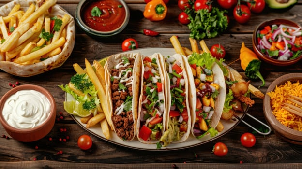 Mexican food feast tacos fries salsa and fresh ingredients on rustic wood table photo