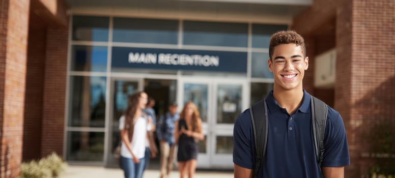 The smiling student standing in front of university main reception with backpack photo