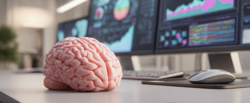 The Brain Model on a Desk in Front of Multiple Monitors Displaying Data Visualizations photo