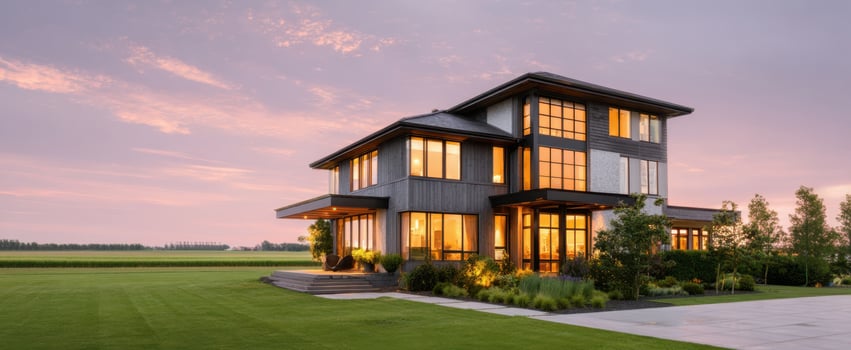 The House Modern Two-Story Luxury Home on Expansive Lawn at Sunset with Warm Lights photo