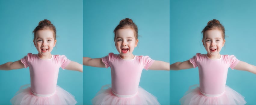 The ballerina in pink tutu spreading arms joyfully in studio triptych portrait photo