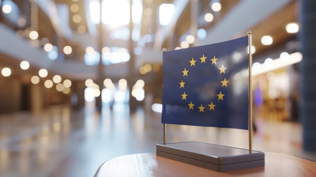 Iconic flag displaying in interior background with illuminated environment and copy space photo