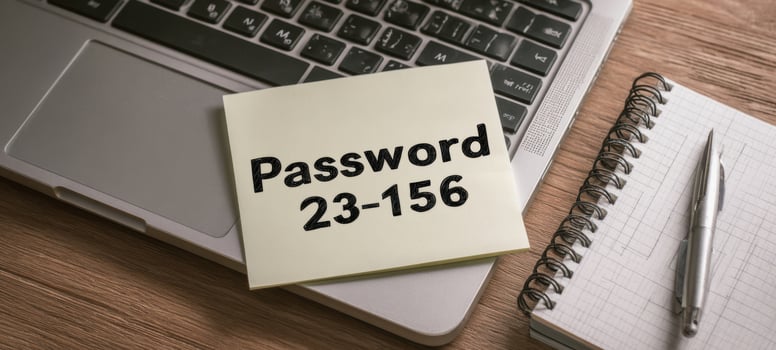 The Password Sticky Note on a Laptop Keyboard Beside Notebook and Pen photo