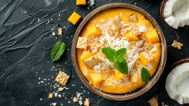 Mango smoothie bowl with coconut and crackers overhead shot photo