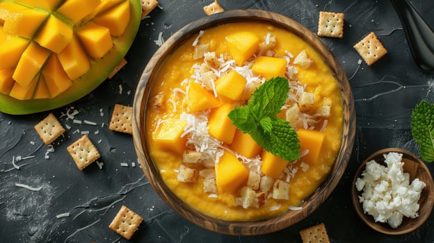 Mango smoothie bowl with coconut and crackers overhead food still life photo
