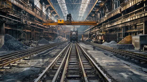 Industrial interior railroad tracks and heavy machinery photo