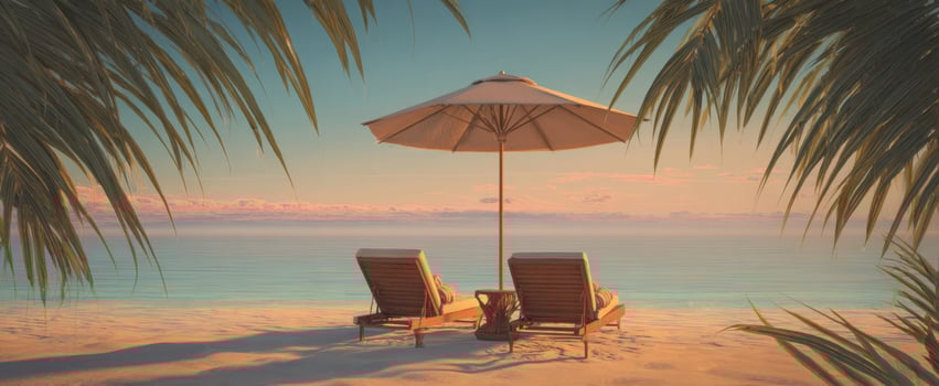 The beach lounge chairs under umbrella at tropical sunset with calm turquoise sea photo