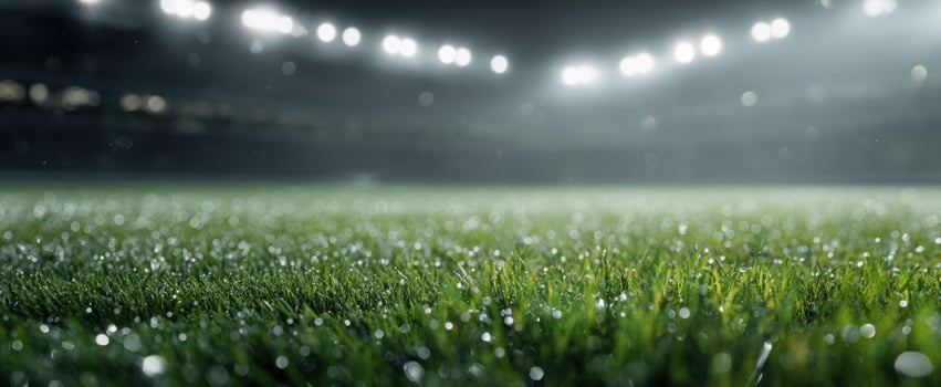 The grass glistening with dew under stadium floodlights before a big game photo