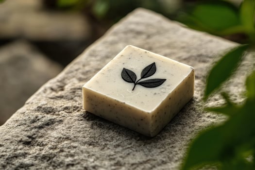 Square vanilla soap bar shows a dark plant leaves design on stone surface photo