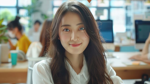 Young professional woman smiling in modern office environment photo