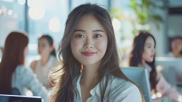 Smiling young woman in modern office environment promoting collaboration and professionalism photo