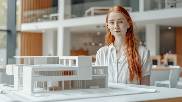 Female architect with red hair poses next to a modern building model in a bright office environment photo