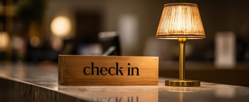 The hotel check-in sign and brass lamp on a marble reception desk photo
