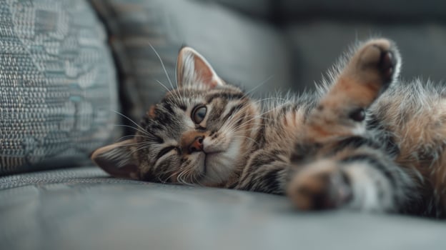 Tabby kitten relaxing on couch with paw in air photo