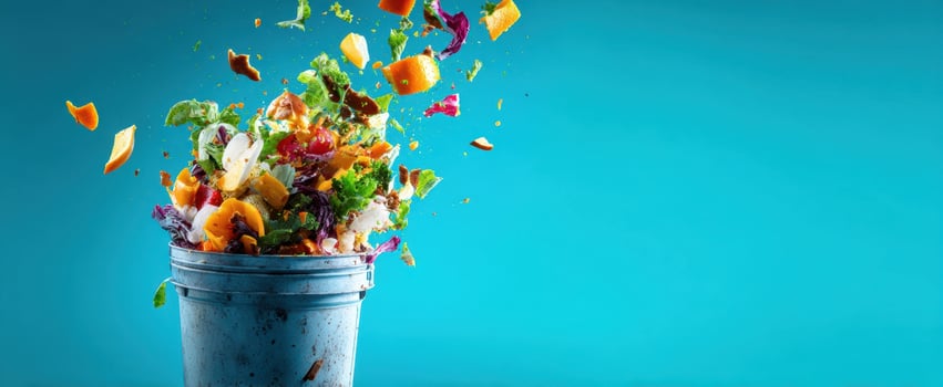 The Compost Bin Exploding With Colorful Fruit And Vegetable Scraps Against Turquoise Background photo