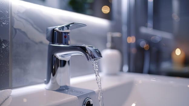 Chrome faucet with running water in modern bathroom interior photo