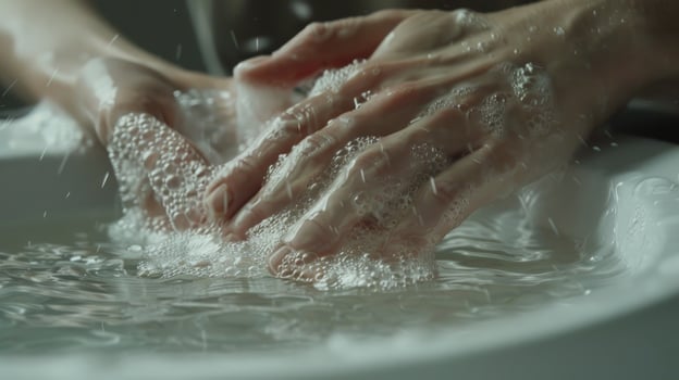 Hand washing with soap and water for personal hygiene and health photo