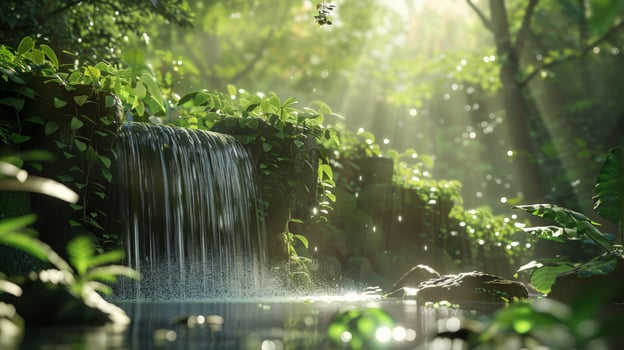 Waterfall in lush green forest with sunlight streaming through photo