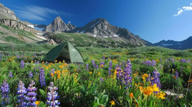 Camping tent amidst wildflowers and mountains under blue sky tranquil outdoor adventure photo