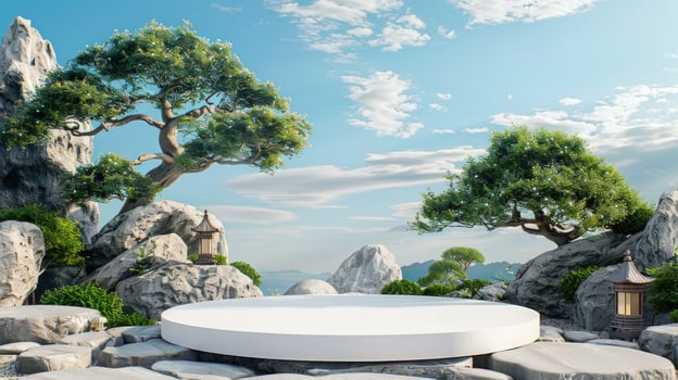 Zen garden stage with stone elements for product display and peaceful presentation photo