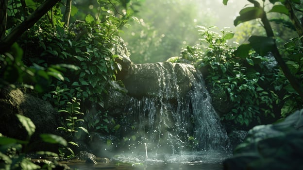 Serene waterfall scene in lush green forest environment photo