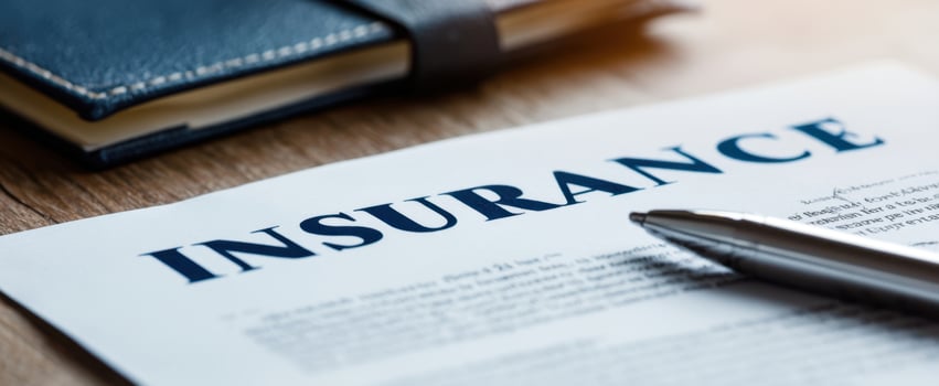 The Insurance Policy Document with Pen and Notebook on Wooden Desk photo