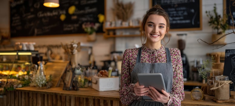 The barista smiling in a cozy rustic coffee shop holding a tablet photo