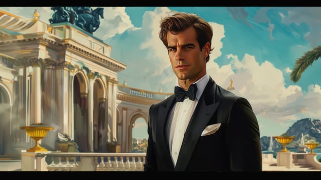 Elegant man in tuxedo classic architecture outdoor landscape portrait photo