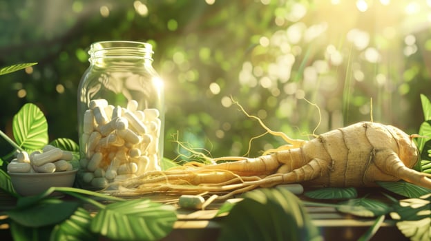 Ginseng root with herbal supplements for natural health photo