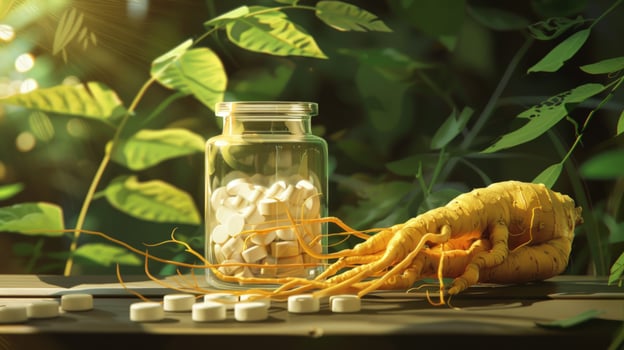 Ginseng root herbal supplement with pills for natural medicine and wellness photo