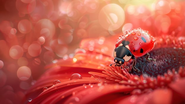 Ladybug with water droplets on a red flower petal macro shot photo