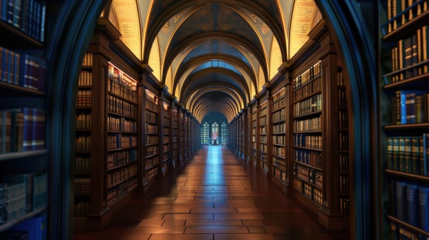 Grand library interior with rows of books on shelves in long corridor photo