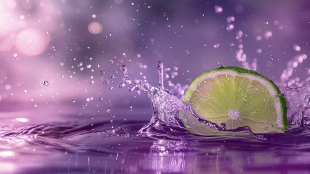 Citrus splash fresh lime slice in water with vibrant liquid droplets and purple backdrop photo