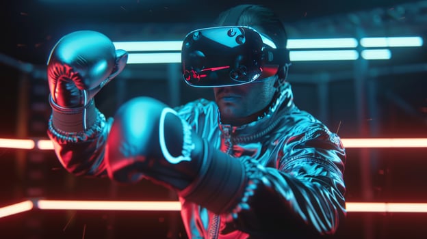 Person boxing with virtual reality headset and gloves in digital neon lit environment photo