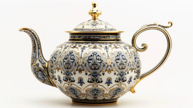Elegant teapot with ornate blue and gold pattern on white background photo