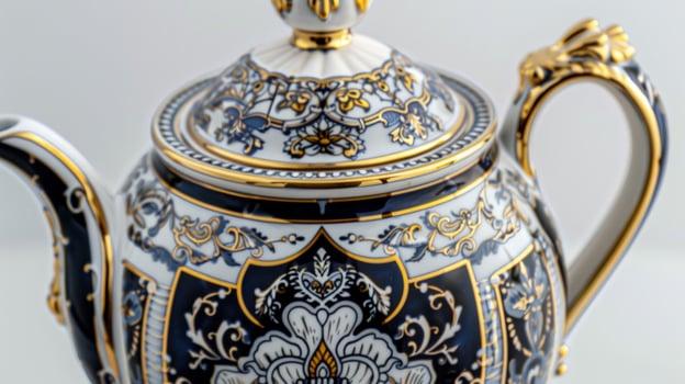 Ornate tea pot with blue and gold floral design fine tableware and elegant drinkware photo