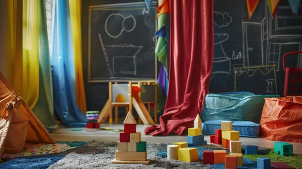 Childrens playroom with building blocks and chalkboard drawing photo
