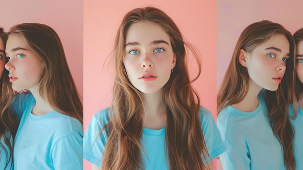 Portrait of young woman with blue eyes in a triptych photo