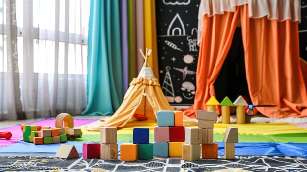 Play area with colorful building blocks and teepee tent indoor childrens creative activities photo