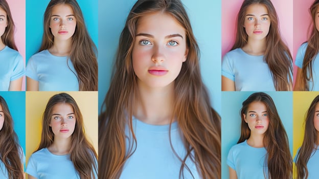 Beautiful woman portrait collage with colorful backgrounds photo