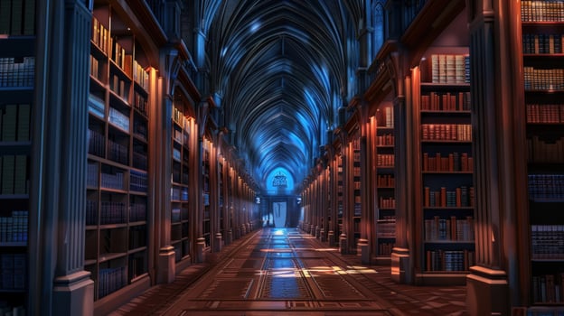 Grand fictional library interior with bookcases architecture and vaulted ceiling photo