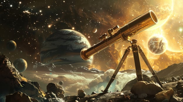 Telescope observation of planets and stars in a fantasy space scene photo