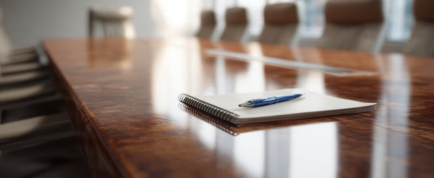 The spiral notebook and pen on a glossy conference table in a boardroom photo