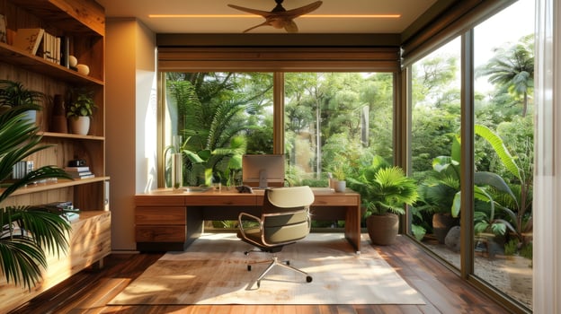 Bright home office interior with nature view for remote work and interior design photo