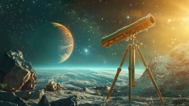 Cosmic exploration with telescope on alien planet with distant star and rocky landscape photo