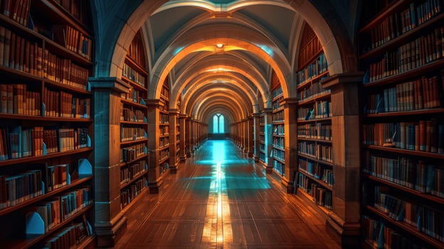 Grand library interior with arched ceiling and bookshelves photo