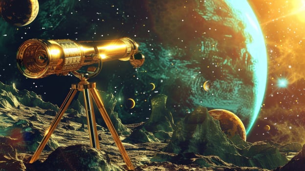 Telescope on alien planet observing celestial bodies and distant worlds photo