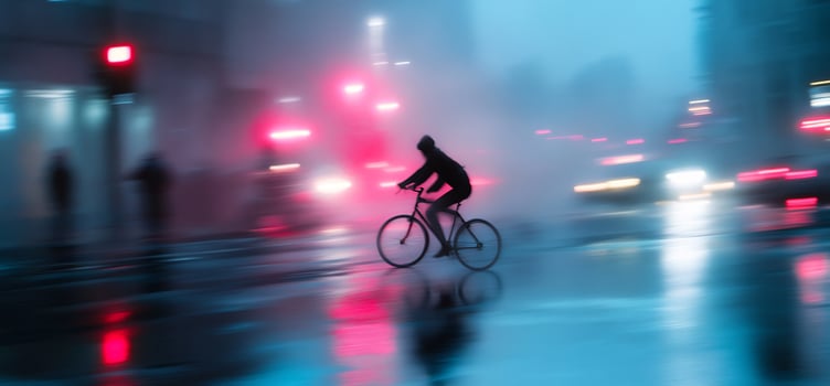 Cyclist Riding Through a Rainy City Intersection at Night photo