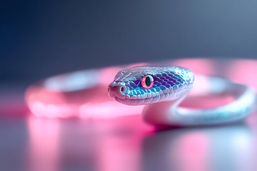 Iridescent snake portrait, neon pink background, reptile closeup, mystical atmosphere, wildlife photography photo